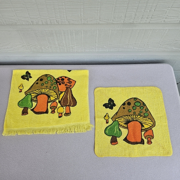VTG Cannon Yellow & Orange Mushroom Dish Kitchen Towel Washcloth Dishcloth Set - Picture 1 of 11